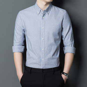 grimarjonsson立领衬衫男士长袖粉色春秋薄款衬衣休闲棉条纹爸爸秋装