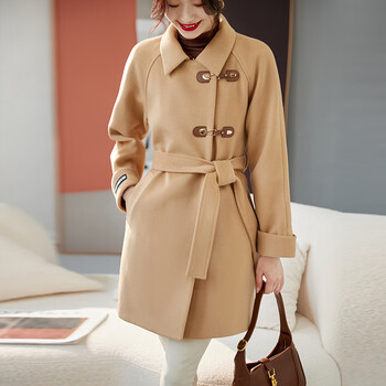 大衣女中长款有腰带款毛呢外套女2022秋冬新款矮小个子翻领呢子 浅咖