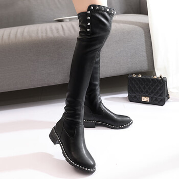长靴女铆钉长筒靴子女新款平底百搭粗跟显瘦女靴皮面35