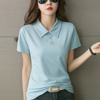 女式t恤翻领工作服有领t恤女士polo衫短袖丝光棉带领女上衣2506蓝色