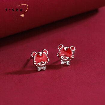 tshe耳钉女999足银蝴蝶结萌虎新款虎年生肖本命年耳饰电白