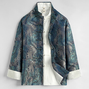 唐装男春季新款中国风男装改良长袖外套原创中式盘扣国潮印花上衣孔雀