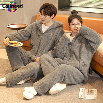 Callneed轻奢品牌情侣睡衣中青年新款女冬季珊瑚绒加厚保暖法兰绒长款男士大码连帽家居服套装ZP851 L(适合163-172CM体重130以下)