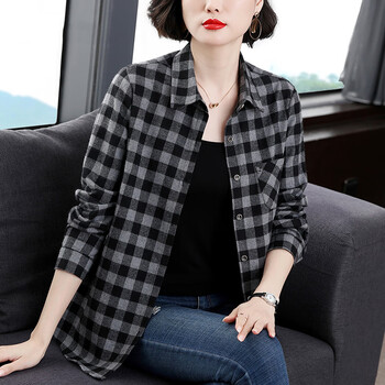 全场特价抢一件长袖衬衫女格子纯棉上衣春秋装2022年新款女士衫衣黑灰