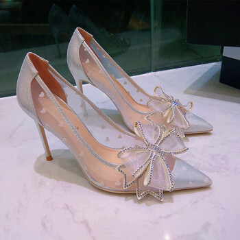 蕾丝细跟性感高跟鞋春夏季春季高跟鞋女细跟蝴蝶结网纱蕾丝尖头浅口女