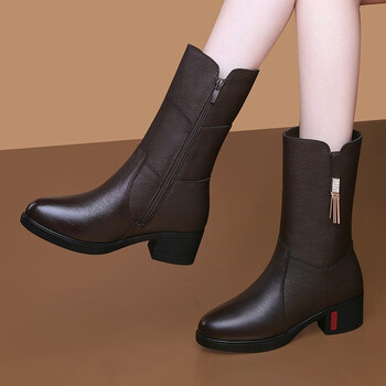 真皮女靴皮靴女时尚加绒女鞋中跟短靴女皮鞋百搭韩版粗跟保暖靴子女