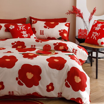 尤克达帝婚庆套件刺绣全棉绣花新婚结婚大红床品四件花开邂逅15m床四