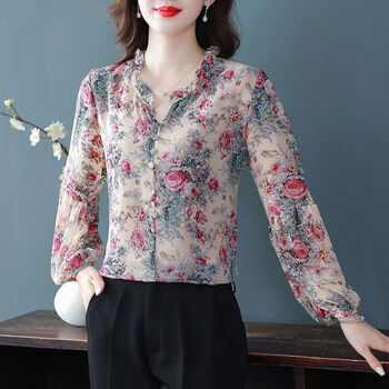 txschif200斤加肥遮肚雪纺衫中长款夏季春夏新款印花雪纺碎花衬衫女
