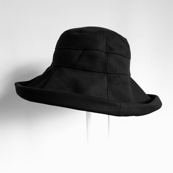 日系渔夫帽男女褶皱纯棉百搭盆帽子女夏黑遮阳帽 纯棉斜纹-黑色大盆帽