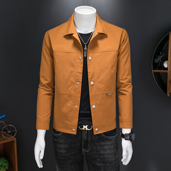 复古男士工装夹克男韩版时尚修身青年夹克男帅气百搭外套皮衣男 橙色