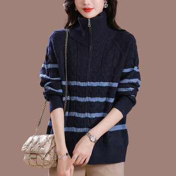 奕唱拉链毛衣外套女春秋新款羊绒宽松加厚针织开衫外搭藏青m96110斤