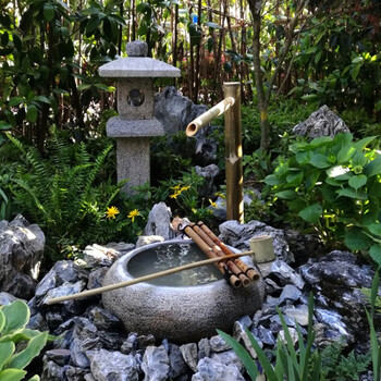 日式水景水钵石灯笼庭院枯山水景观室内外自然石钵盆竹子流水摆件