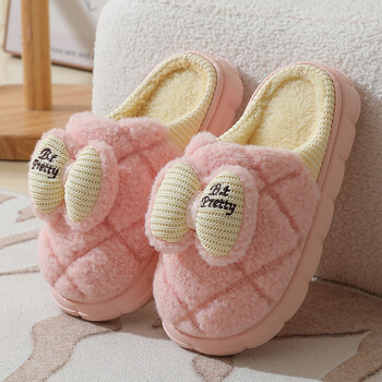qihuang卡迪高官方网棉拖鞋女新款居家毛毛拖鞋秋冬季蝴蝶结加厚防滑
