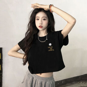 bde黑色甜酷风短款t恤女年夏季新款正肩短袖上衣ins潮半袖修身体恤女