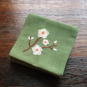 刺绣花梅花功夫茶杯垫 布艺隔热垫吸水茶道中式中国风禅意 翠绿绣花