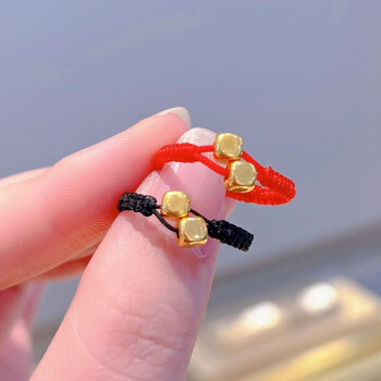 som老凤凰黄金方糖情侣戒指男女同款一对999足金转运珠编织绳戒指女