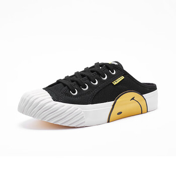 smiley笑脸帆布鞋夏季新款休闲果冻底一脚蹬半拖百搭懒人小白鞋 黑色