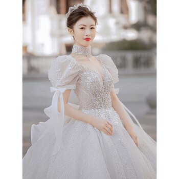 哈昱法式轻婚纱礼服新款新娘主纱大拖尾质感复古小个子迎宾纱单件白色