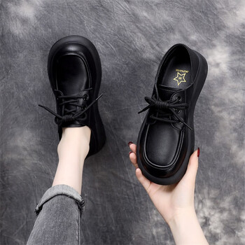 鞋女英伦风小皮鞋2023春秋新款真皮软底舒适平底两穿工作乐福鞋黑色35