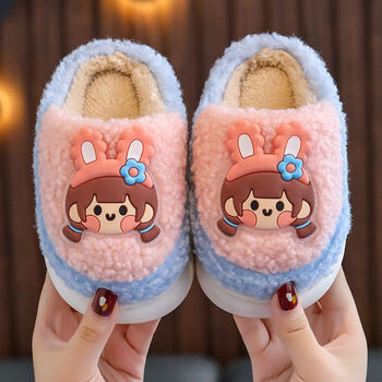 秋冬季小孩家居室内防滑毛毛可爱宝宝厚底保暖拖鞋粉色2425码内长16cm