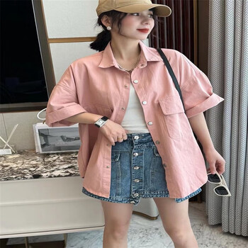 牛仔衬衫女生短袖上衣初中学生中长款外套薄款防晒开衫樱粉色m95120斤
