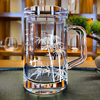 水晶杯大容量直角带盖水杯办公茶室高端茶杯 (定制竹叶款) 400毫升