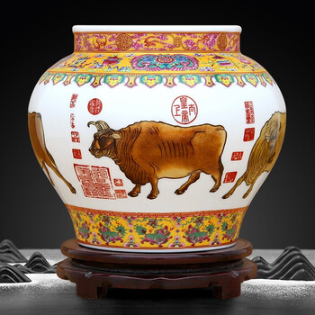 凌池家居 景德镇陶瓷器高白珐琅彩青花五牛图罐花瓶工艺品礼品客厅