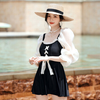 蕾丝短袖性感泳衣女连体显瘦遮肚保守裙式仙女范度假温泉泳装黑色m