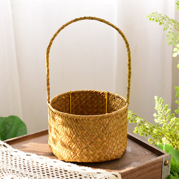 天然草编花篮花瓶手提篮插花篮子收纳篮筐装饰美式乡村桌面工艺卡其色