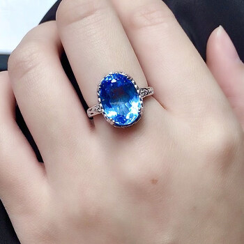 千弗蓝色宝石超闪耀瑞士蓝托帕石大颗粒戒指精致时尚简约s925银 玫瑰