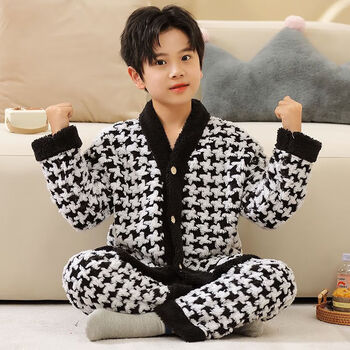 梵涧秋冬睡衣男童法兰绒加绒家居服儿童冬季保暖加厚中大童珊瑚绒套装