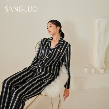 商场同款桑罗精致刺绣黑条纹印花真丝睡衣中性款情侣家居服送礼好物秋冬SANGLUO 黑条纹（女士）/L建议买大一码