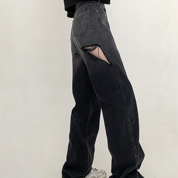 埕西牛仔裤女2022春秋新款显瘦百搭休闲高腰宽松直筒破洞牛仔裤黑色s