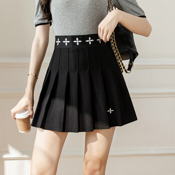 百折裙短款夏天百褶裙女2022夏季高腰薄款百搭减龄a字短裙半身裙黑色s