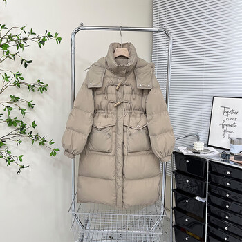 羽绒服女中长款小个子收腰牛角扣过膝冬装显瘦冬季保暖浅卡其色s90125