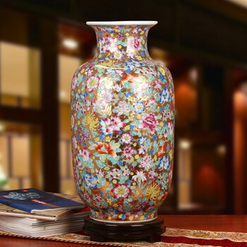 鸿瑀景德镇陶瓷花瓶精品手绘珐琅彩金底万黄花牡丹缠枝冬瓜瓶中式古典