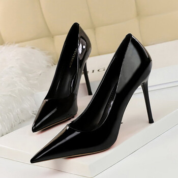 跟韩版时尚网红明星同款漆皮简约浅口显瘦ol通勤尖头高跟单鞋女黑色39