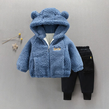 绒棉服套装童装男0-3岁加厚保暖羊羔绒毛毛衣休闲两件套3岁男孩衣服1