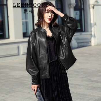 例柏女装绵羊皮真皮皮衣女2021春秋新款头层短款蝙蝠袖韩版宽松夹克