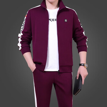 时尚男士运动套装秋季休闲三件套高档中老年纯棉葡萄紫男装套装葡萄紫