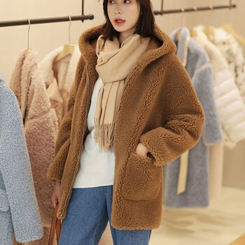 hkaq羊剪绒大衣中长款2022秋冬连帽加厚颗粒羊羔毛外套女皮毛一体皮草