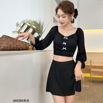 圣曼萱泳衣女分体裙式两件套长袖保守遮肉少女泳裙s风度假温泉游泳装