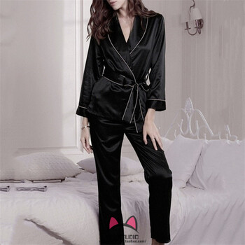 维密维多利亚睡衣女欧美秋季vs真丝绸的秘密长袖冬家居服套装 黑色 m