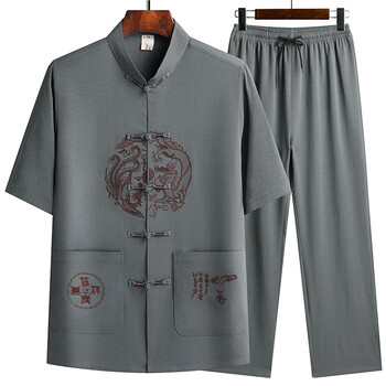 hiewi中老年男士短袖宽松唐装爷爷装中式半袖老人过寿生日衣服套装80