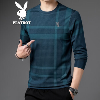 花花公子playboy长袖t恤男春秋季韩版时尚打底衫中青年潮流百搭圆领