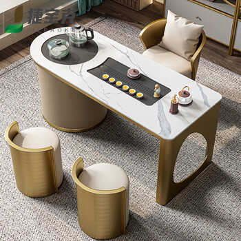 茶桌现代轻奢岩板茶桌椅组合办公室不锈钢泡茶桌智能上水功夫茶台16米