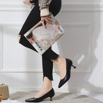 阿猫顿工作鞋女久站细跟软面职业单鞋舒适软底工装礼仪高跟鞋黑色34