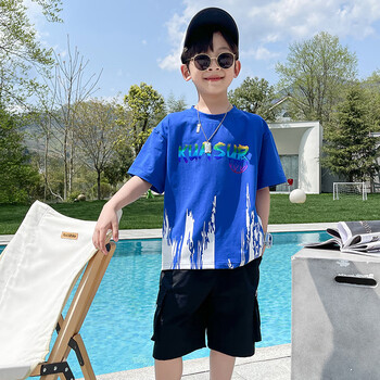 中大童洋气男孩宽松t恤9岁男大童夏装短袖裤子13男孩夏装蓝色110cm