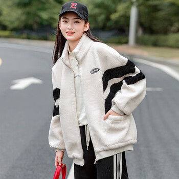 勤驰初中生女装外套呢子少女深秋羊羔绒款毛呢外套大童高学生米色皮毛