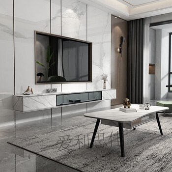 轻奢岩板纹实木壁挂电视柜小户型客厅悬挂式墙柜极简卧室窄 白大理石